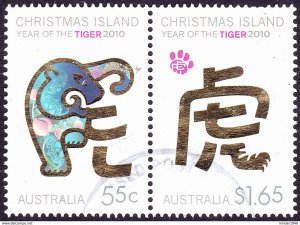 CHRISTMAS ISLAND 2010 QEII 55c/$1.65 Joined Pair Year of the Tiger SG673/4 FU