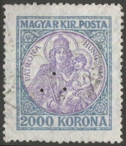 HUNGARY 1921 Sc 383a  2000k, Used, VF, Madonna & Child, 3-hole punch