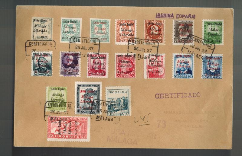 1937 Malaga Spain Censored Cover to Sevilla Civil War Overprints Certified Mail
