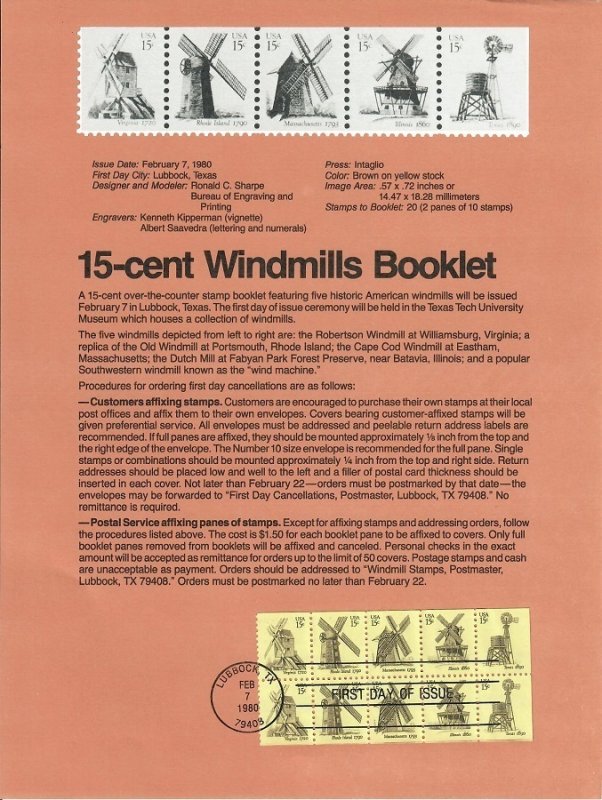 US SP444 Windmills booklet Souvenir Page #1742a