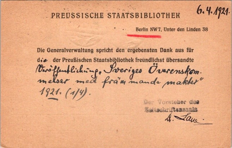 SCHALLSTAMPS GERMANY 1921 POSTAL HISTORY INFLATION OFFICIAL POSTCARD CANC BERLIN