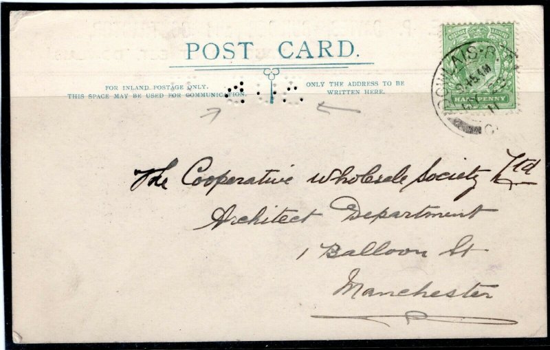 GB WALES Card *30 5 11* PERFIN ARRVIAL DATED Dowlais Manchester 1911 PE279 