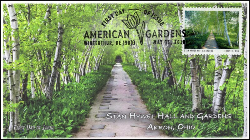 20-127, 2020, American Gardens, Pictorial Postmark, First Day Cover, Stan Hywet