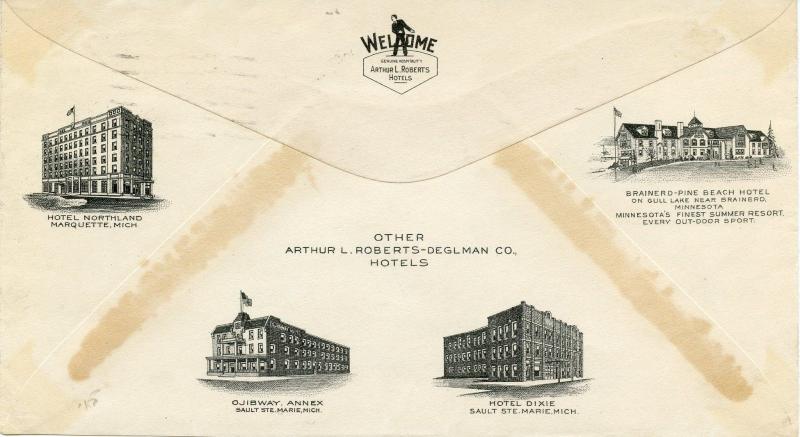 U.S. Scott 720 on Double-Sided Ad Cover for Hotel Ojibway in Sault Ste. Marie MI