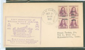 US 724 1932 3c 250th Anniversary Of The Arrival Of William Penn On A Cacheted, Addressed FDC With A Block Of 4 And A New Castle,