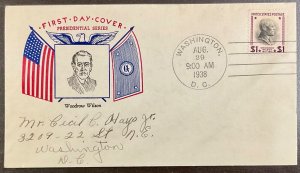 832 Fidelity cachet Woodrow Wilson  Presidential Series FDC 1938