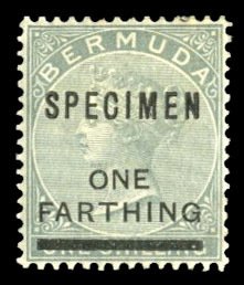 Bermuda #26S (SG 30s) Cat£80, 1901 1f on 1sh gray green, overprinted Specime...