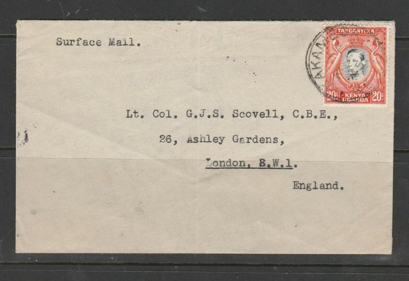 KUT 1945 Cover to England, with GV1 20c, KAKAMEGA cds, 