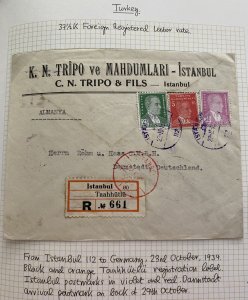 1939 Istanbul Turkey Commercial Registered Cover to Darmstadt Germany