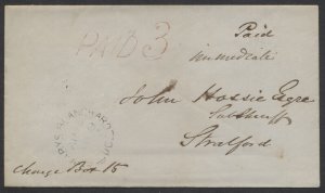 1859 Stampless Cover PAID 3 Italics St Marys Blanchard UC to Stratford