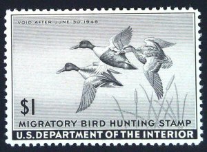 Scott #RW12 - VF - $1 Black - Shoveller Ducks in Flight - MNH - 1945