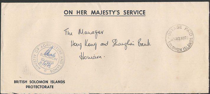 SOLOMON IS 1976 local OHMS cover POSTAGE PAID cds, Min of Agriculture......12715