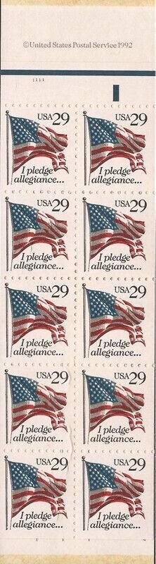 US Stamp - 1992 29c Flag, Pledge Allegiance - 10 Stamp Booklet - Scott #BK195