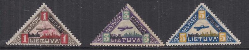 LITHUANIA, 1922 Air, Triangle set of 3, lhm.