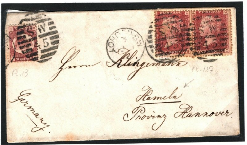 GB HALFPENNY p13 Cover London *HAMELN* Germany 1d Red Pair p187 1878 15.9