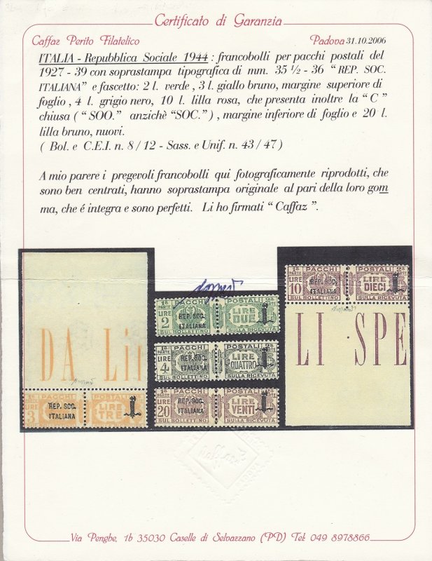 1944 Italian Social Republic, Postal Parcels # 36a/47a Coffee Certificate