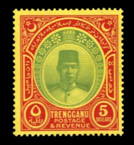 Malayan States - Trengganu #38 Cat$500+ (for hinged), 1938 $5 yellow and gree...