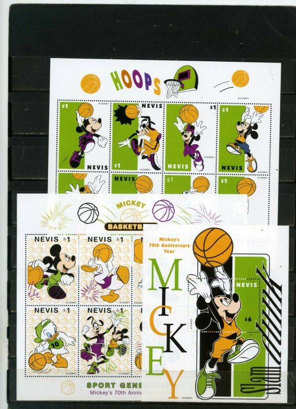 NEVIS 1998 WALT DISNEY BASKETBALL 2 SHEETS OF 8 STAMPS & S/S MNH 