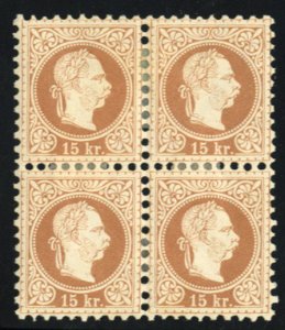 Austria #38 Cat$35+, 1877 15kr brown, block of four, hinged