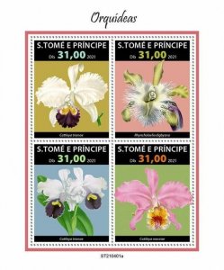 Sao Tome & Principe 2021 MNH Flowers Stamps Orchids Cattleya Orchid Flora 4v M/S
