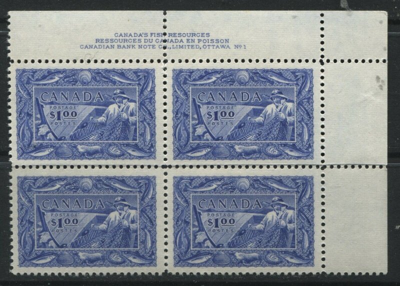 Canada 1951 $1 Fisheries Plate Block of 4 VF unmounted mint NH