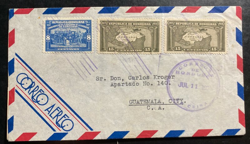 1938 La Ceiba Honduras Airmail Cover To Guatemala 