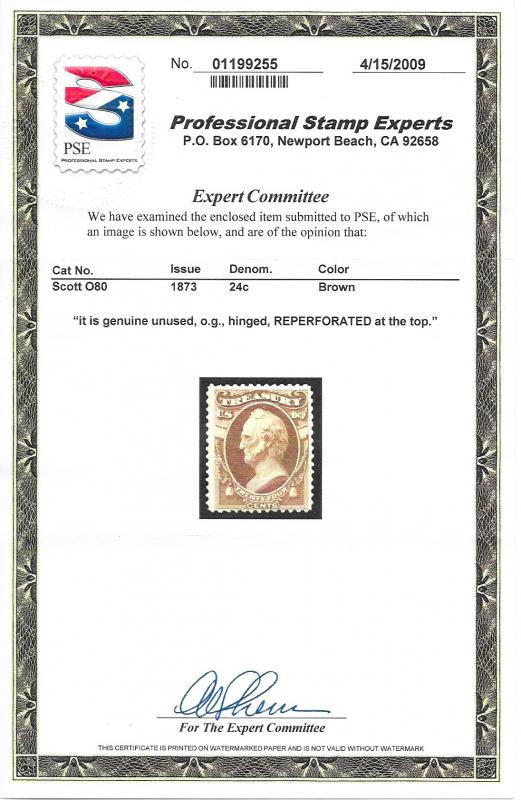 O80 Unused, 24c. Treasury,  PSE Cert. SCV $675, Free, Insured Shipping