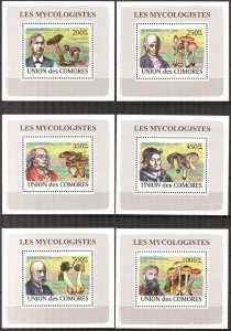 {423} Comoros 2008 Mushrooms Mycologists 6 S/S Deluxe MNH**