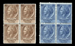 Italy #661-662 Cat$500, 1954 100L brown and 200L deep blue, blocks of four, n...