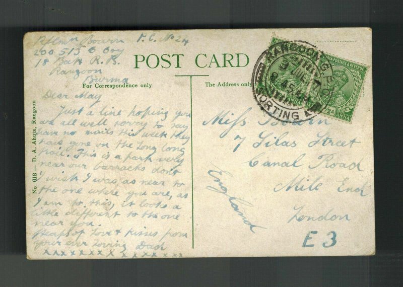 1945 Rangoon Burma Picture Postcard Cover to London England Victoria Park