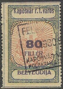 HUNGARY 1927 Kaposvar 80f Municipal Revenue, Bft #28 Used VF