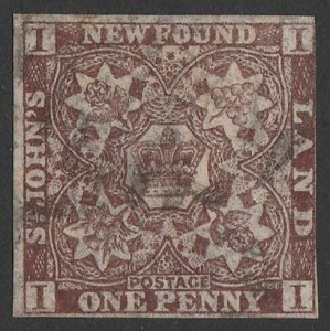 NEWFOUNDLAND 1862 Crown & Flowers 1d chocolate-brown. SG 16 cat £450.