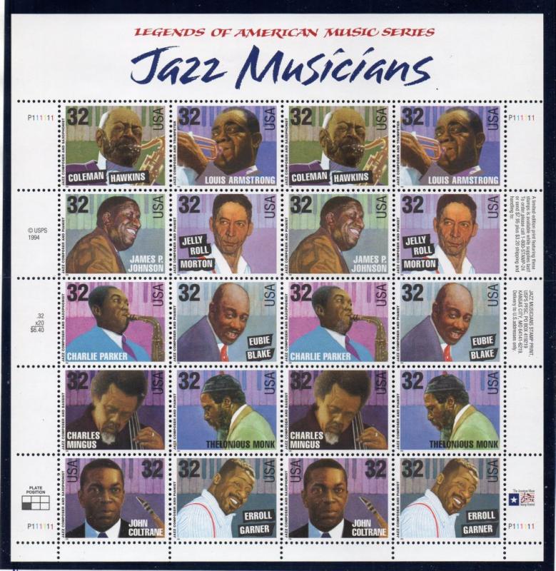 US Sc 2982-92 1995 Jazz Musicians stamp sheet mint NH