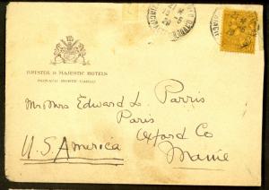 MONACO 1920 50c Prince Albert I Sc 23 on BRISTOL & MAJESTIC HOTELS CC Cover USA