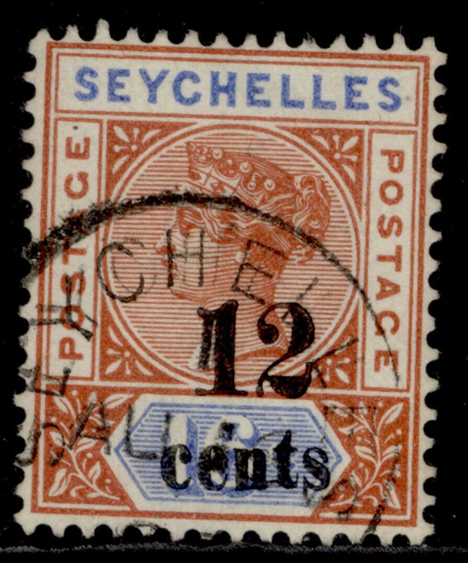 SEYCHELLES QV SG17, 12c on 16c chestnut & ultramarine, VERY FINE USED. CDS