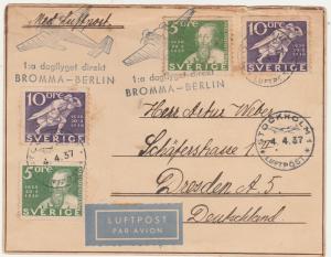 SWEDEN 1937 FIRST FLIGHT AIRMAIL CARD TO GERMANY BROMMA BERLIN