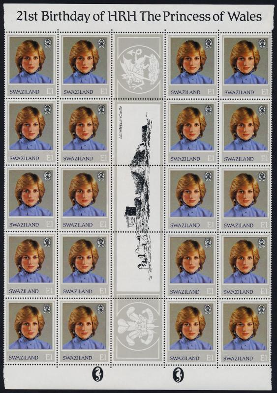 Swaziland 406-9 Gutter strips of 20 MNH Princess Diana 21st Birthday, Crest