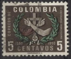 Colombia 621 (used) 5c 1st Franciscan community in Colombia, sepia & grn (1954)