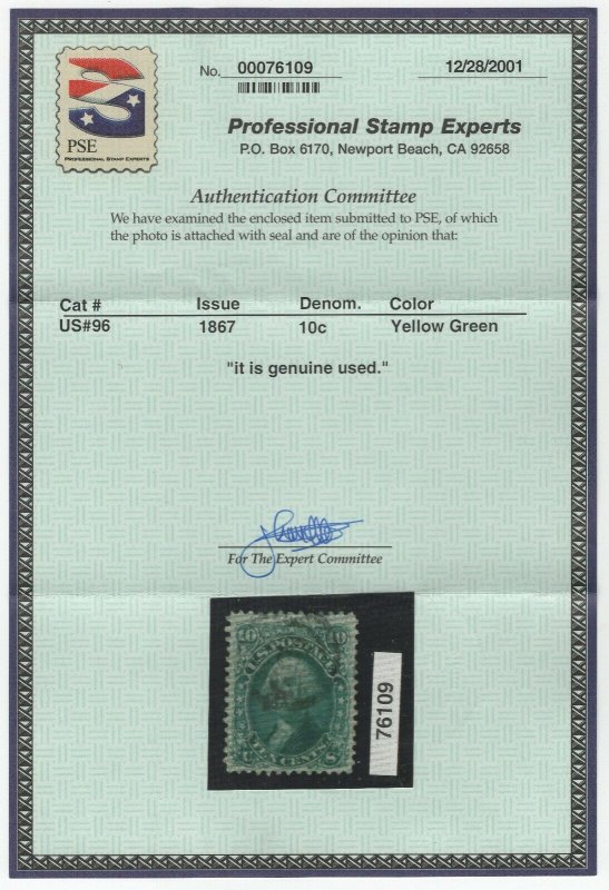 #96 Used Very Fine w/ PSE Cert., SCV $240 (GP2 10/9/19)