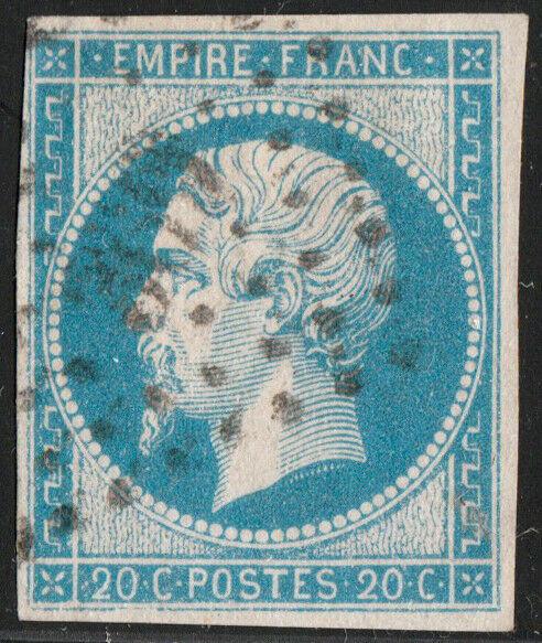 FRANCE - Yv.14 20c bleu - obl. PC369 (Bergerac) - TB (filet non touché)   