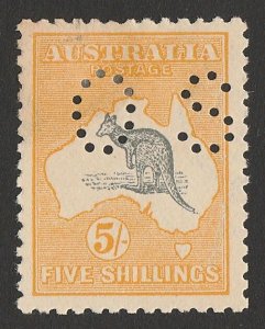 AUSTRALIA 1915 Kangaroo 5/- perf OS. 2nd wmk. ACSC 43Ab cat $3000. Rare genuine.