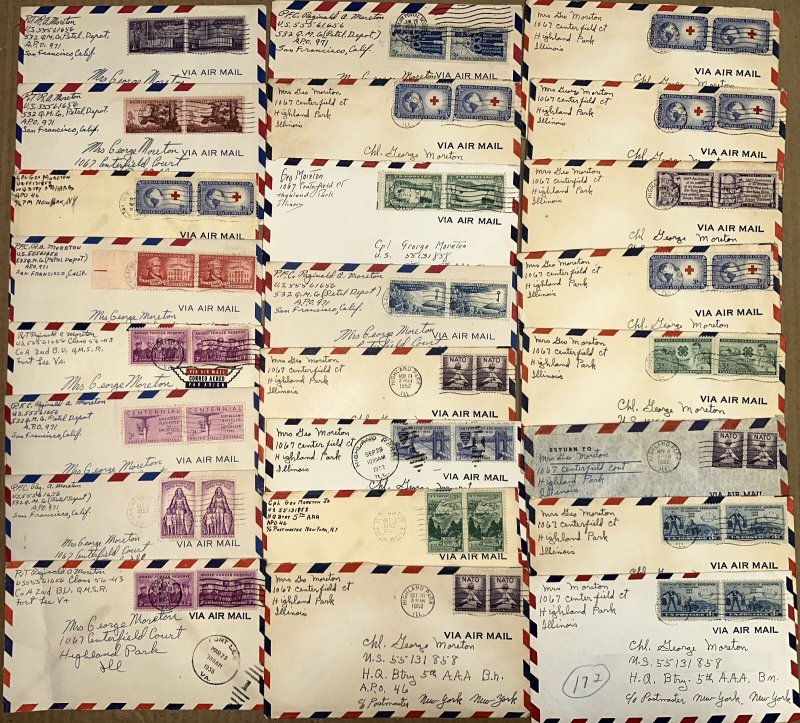 1950s MILITARY MAIL COLLECTION 49 DIFF PFC & MOM MORETON HIGHLAND PARK IL & APO