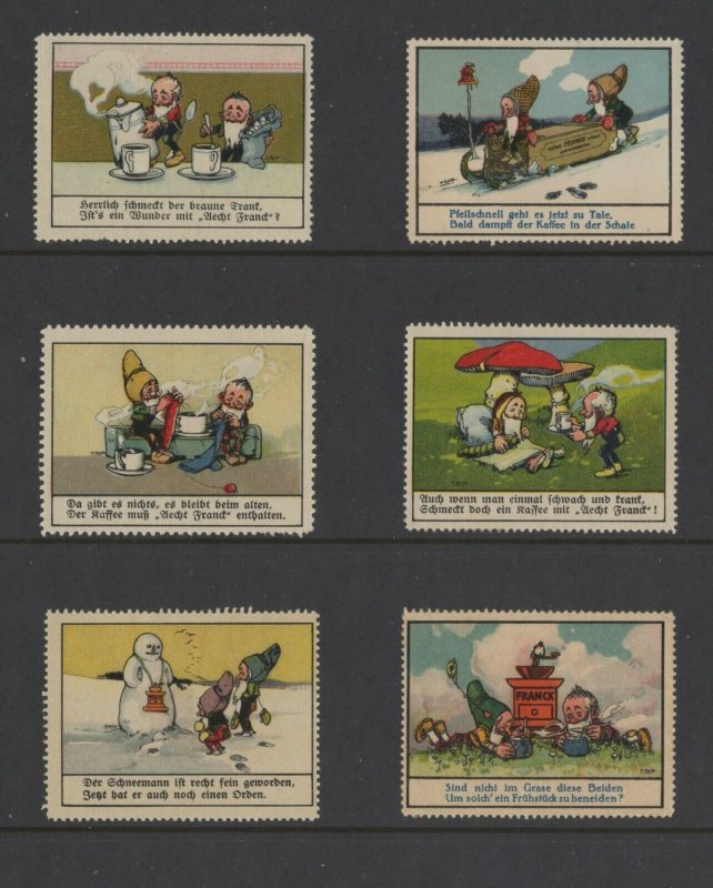 Germany -Vignette of 6 Advertising Stamps Aecht Frank - Dwarves with Coffee 