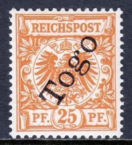 TOGO — SCOTT 5 — 1897 25pf ORANGE TOGO OVERPRINT — MLH — SCV $35.00