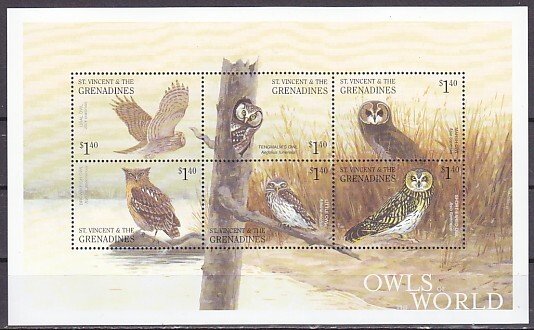 St. Vincent. Scott cat. 2887 a-f. Owls of the World sheet of 6. ^