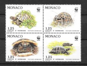 MONACO MNH BLOCK OF 4 SC#1781A TURTLES WWF SCV$7.00 VERY NICE BLOCK