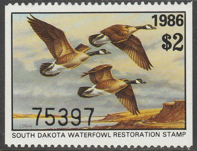 U.S.-SOUTH DAKOTA 6, STATE DUCK HUNTING PERMIT STAMP. MINT, NH. VF