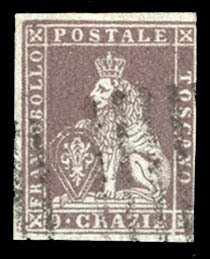 Italian States, Tuscany #8 Cat$300, 1851 9cr gray lilac, used, margins just t...