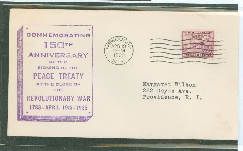 US 727 1933 3c Washington's headquarters - Revolutionary War Peace Proclamation on an addressed first day cover with a S...