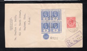 St. Lucia 1924 Registered to Saginaw, MI franked plate block 3p, Scott 83, 79